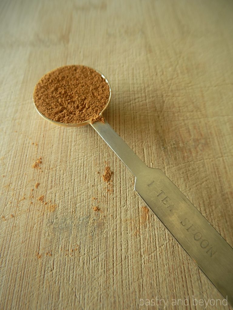 Ground cinnamon in a teaspoon.
