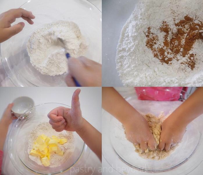 Combining flour, sugar, cinnamon and cutting butter into flour mixture.