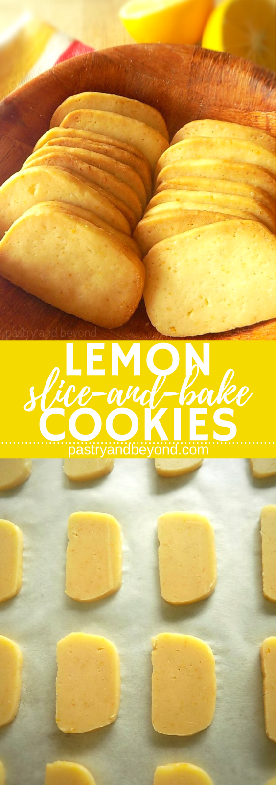 Lemon slice-and-bake cookies in a wooden bowl.