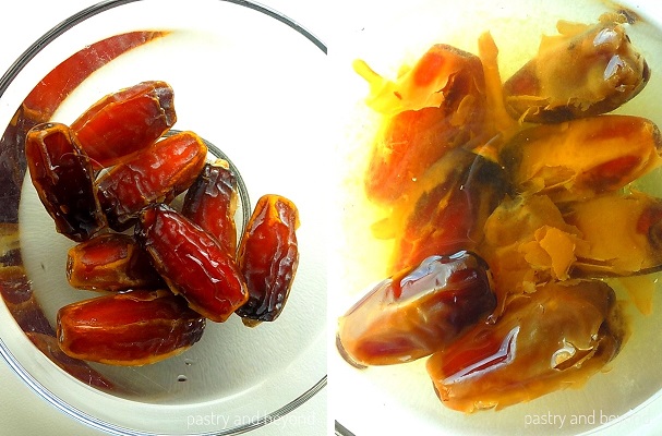 Dates are placed in a small bowl and soaked in warm water.