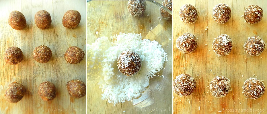  Rolling the dough into balls and covering the balls with unsweetened shredded coconut.
