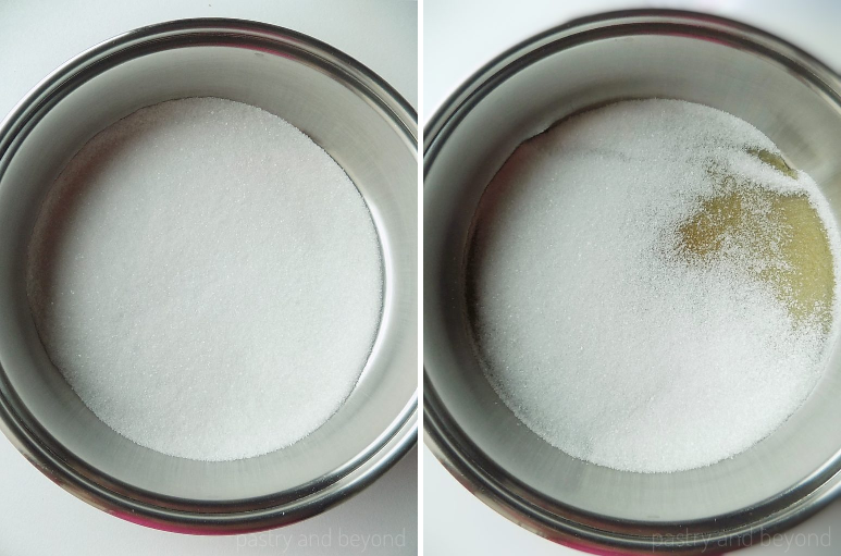 Collage of sugar in a big pan and sugar that starts to melt.