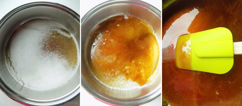 The process of melting sugar in a big pan; halfway melted sugar to fully melted.