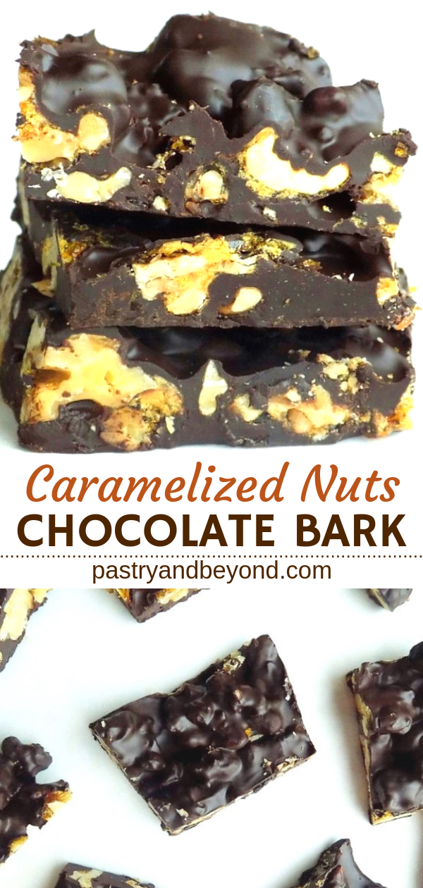 Collage of stacked and overhead view of chocolate candy bark.