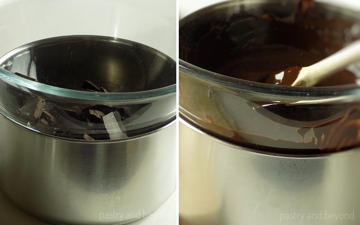 Collage of chopped chocolate over bain marie and melted chocolate over bain marie.