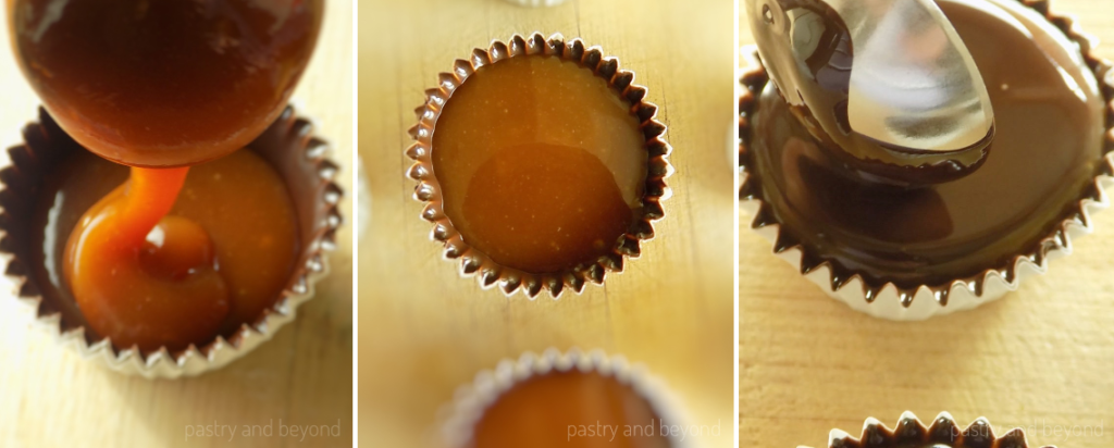 Collage of pouring caramel sauce into chocolate cup and spreading chocolate over caramel with a spoon.