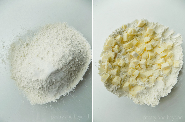 Flour and salt in a mixing bowl and cubed butter added on top.