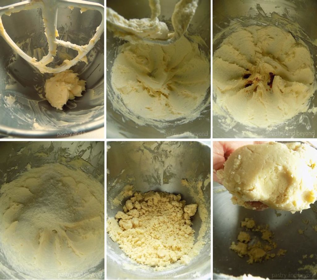 Process of creaming the butter and sugar, adding vanilla and flour. Forming a ball.