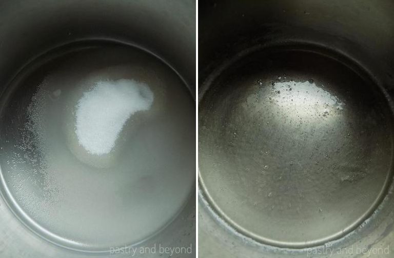 Sugar and water in a pan before and after dissolved.