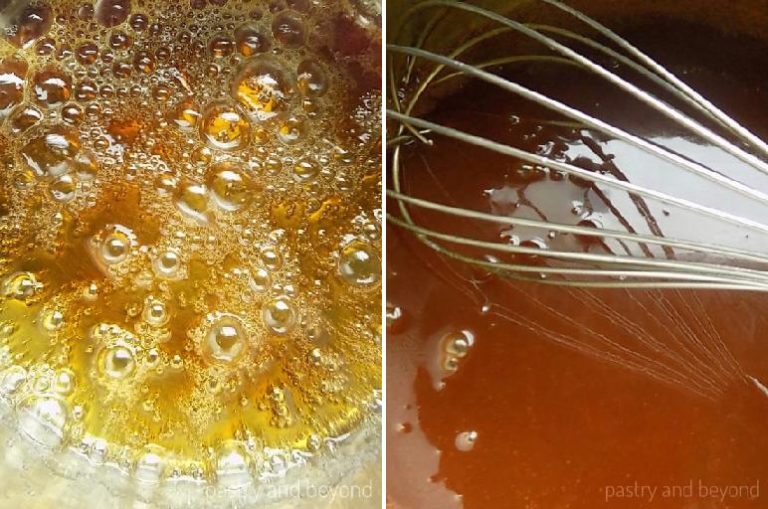 Collage of bubbling yellow sugar and caramel sauce with a whisk in a pan.