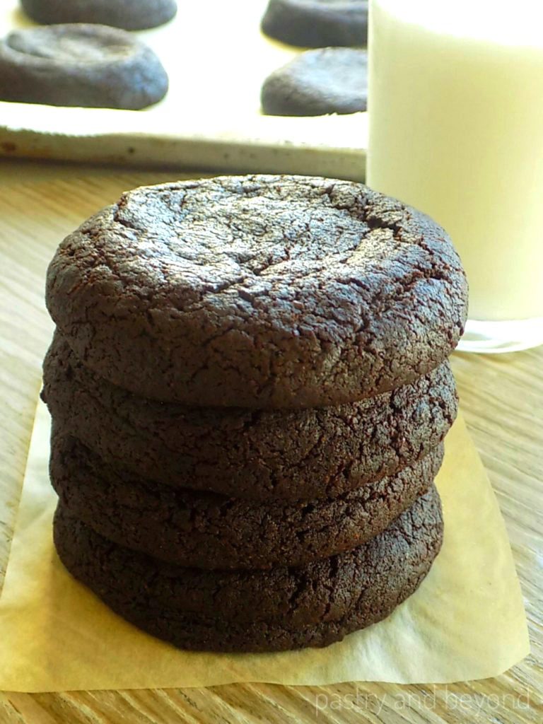 Stacked moist chocolate cookies.
