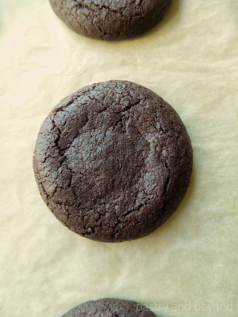 Cocoa powder cookies on a parchment paper.