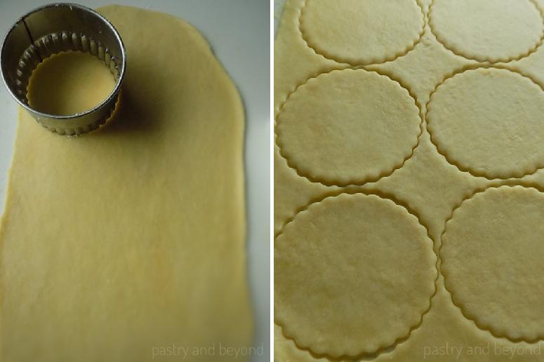Steps of Making Olive Oil Crackers: Rolling out the dough and cutting circles.