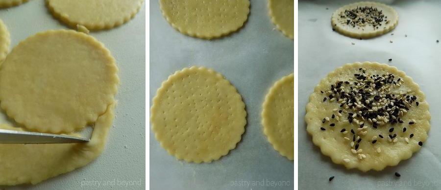 Steps of Making Olive Oil Crackers: Olive oil brushed and nigella -sesame seeds sprinkled dough ready to bake.