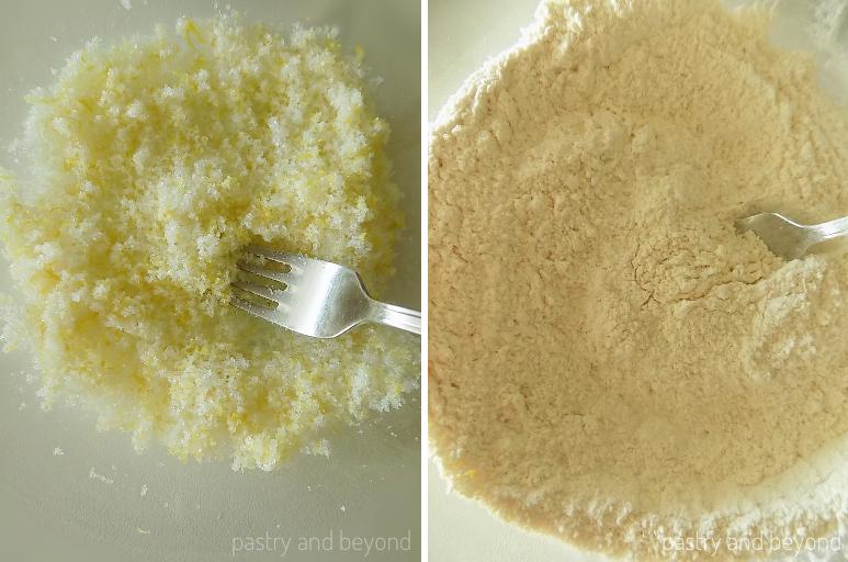 Mixing lemon zest and sugar in a bowl with a fork and adding the flour.