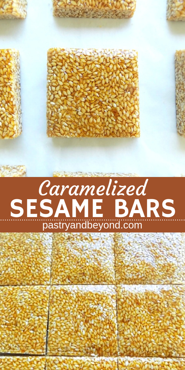 Collage for caramelized sesame bars with text overlay.