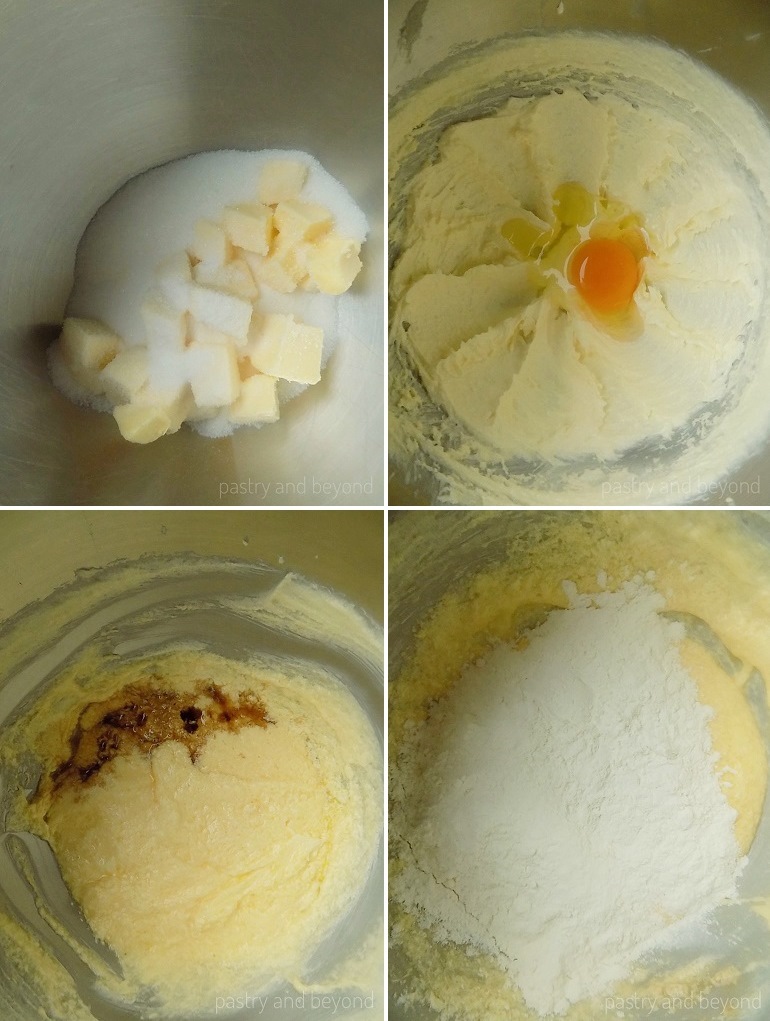 Step by Step Pictures of Swirl Cookie Dough: Sugar and butter in a mixer bowl in the first photo, egg is added to the creamed butter and sugar in the second photo, vanilla is added in the third photo and flour is added in the fourth photo. 