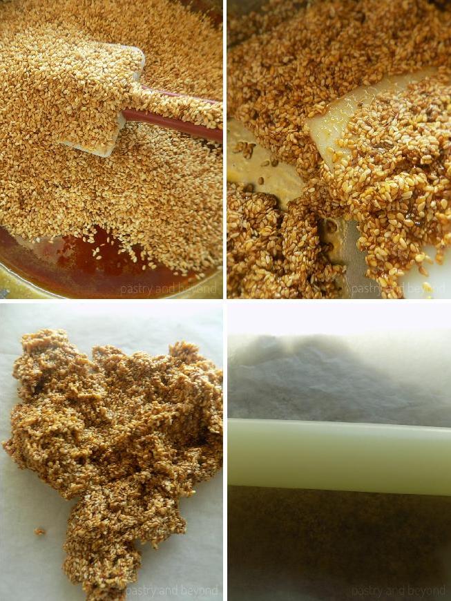 Collage of adding sesame seeds into the caramelized sugar and steps of rolling out the mixture.