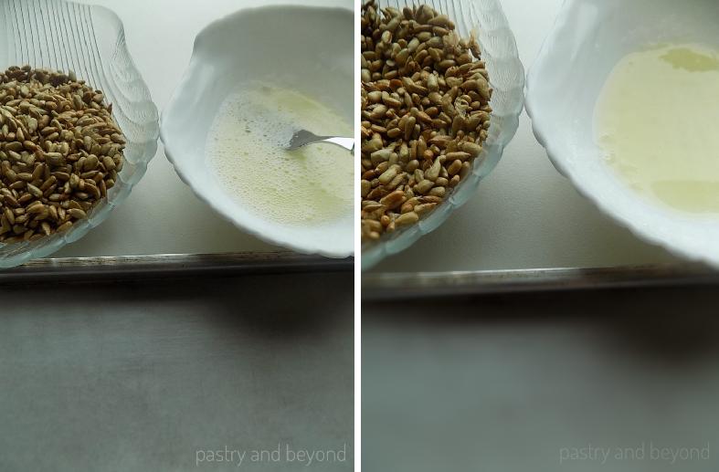 Sunflower Seeds and egg white in different bowls. Mixing egg white with a fork.