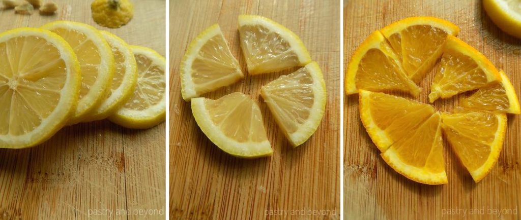 Cutting lemon and orange slices into pieces.