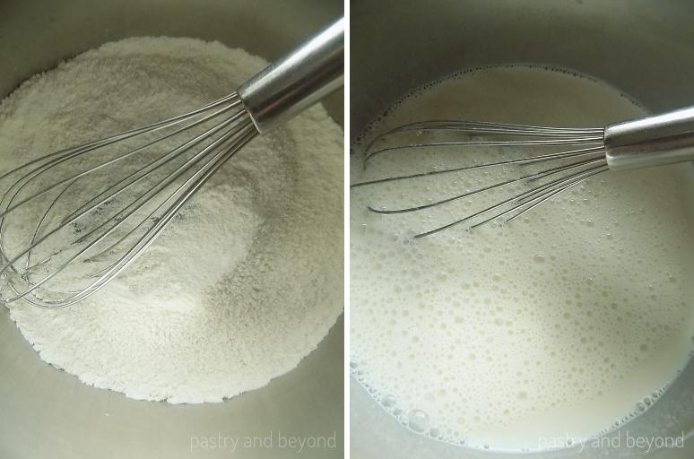 Collage of mixing flour, cornstarch, sugar in a saucepan and mixing in the milk.