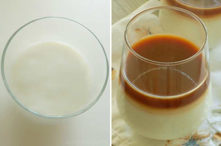 Collage of milk pudding in a glass and caramel sauce on top.