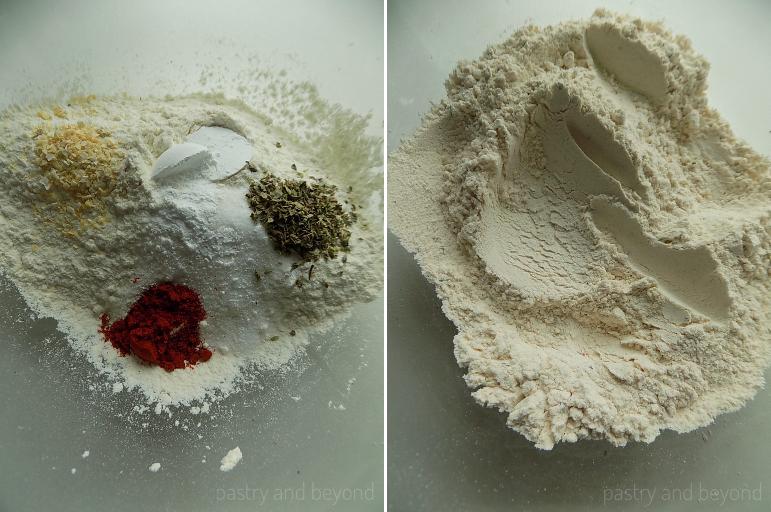 Flour, salt, sugar, baking powder, thyme, paprika, dried onion flakes in a bowl and mixed.