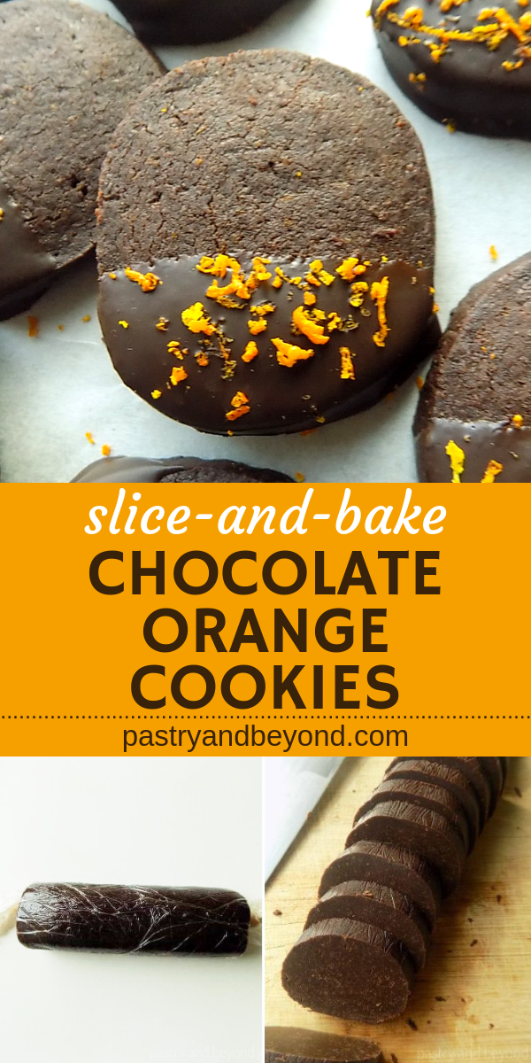 Slice-and-bake chocolate orange cookies with text overlay.