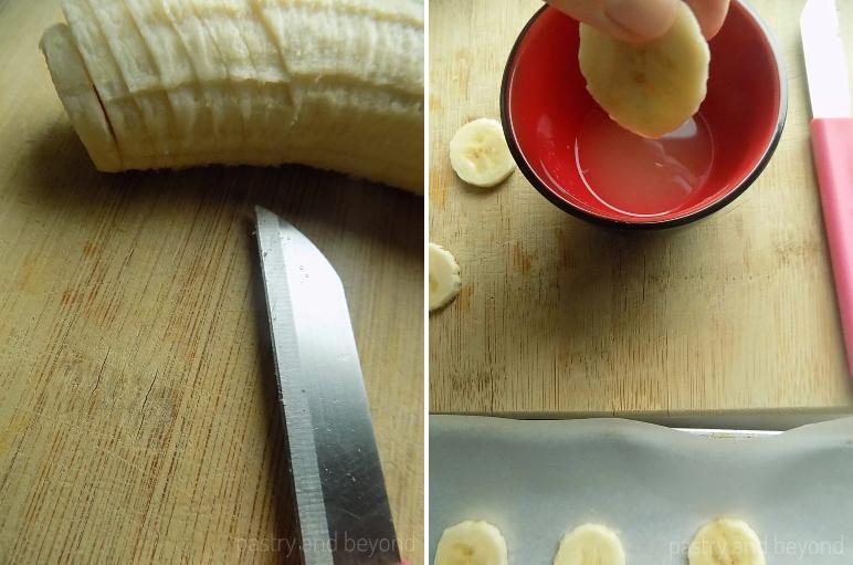 Collage of sliced bananas and sliced banana dipped in lemon juice.