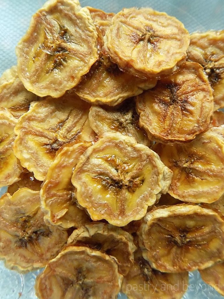A close up of dried bananas. 