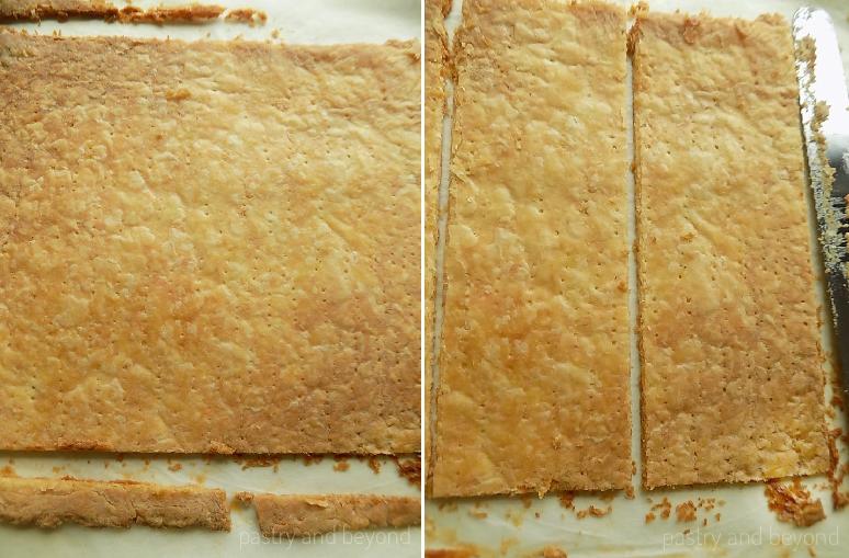 Collage of trimming the edges of baked pastry and cutting into 3 pieces.