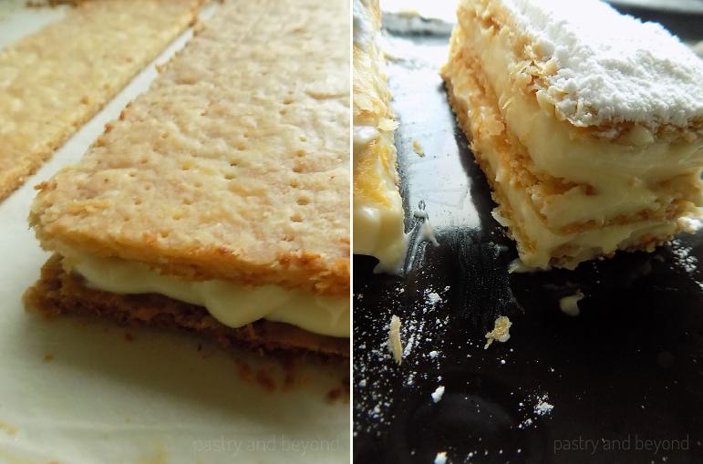 Collage of the pastry cream over the layers and powdered sugar over the third layer.