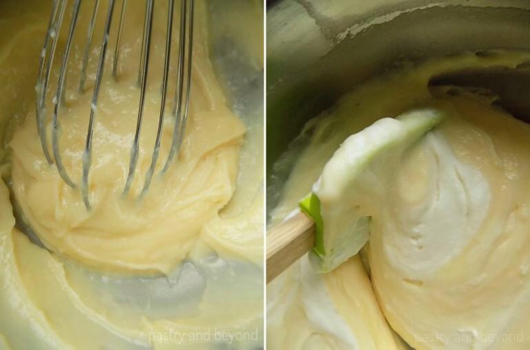 Collage of whisking pastry cream and folding whipped cream into pastry cream.