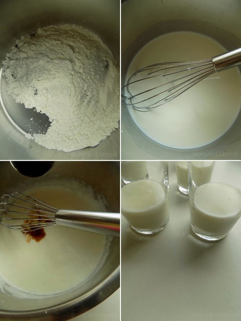 Mixing flour, sugar, cornstarch, milk in a pan. Adding vanilla. Dividing pudding into serving glasses. 