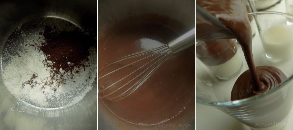 Mixing flour, sugar, cocoa powder, cornstarch, milk in a pan. Pouring chocolate pudding onto vanilla pudding.