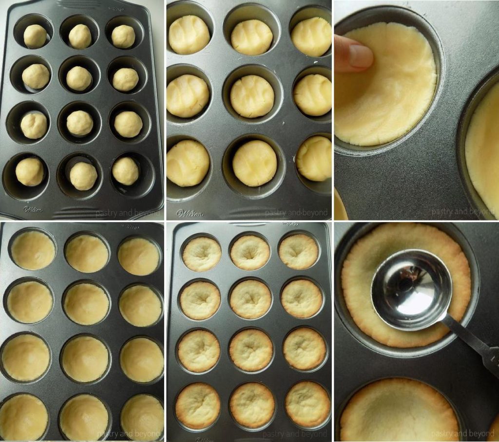 Collage of cookie cups before and after baked. Pressing to the center of the puffed cookie cups.