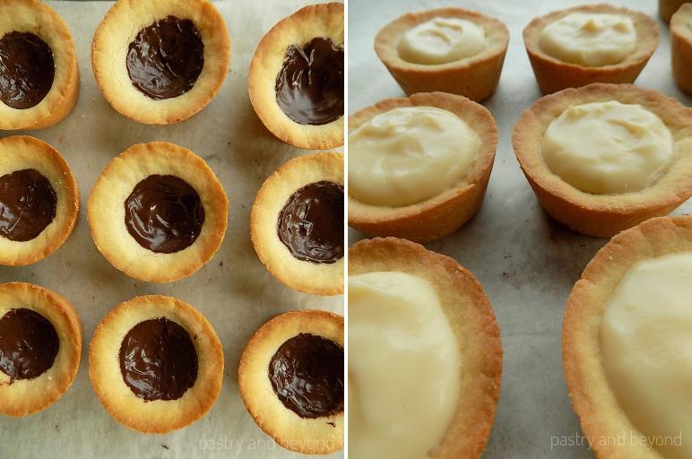 Collage of covering the bottom of the cookie cups with chocolate, adding pastry cream on top.