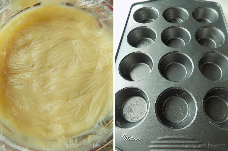 Collage of pastry cream covered with plastic film and greased cupcake pan.