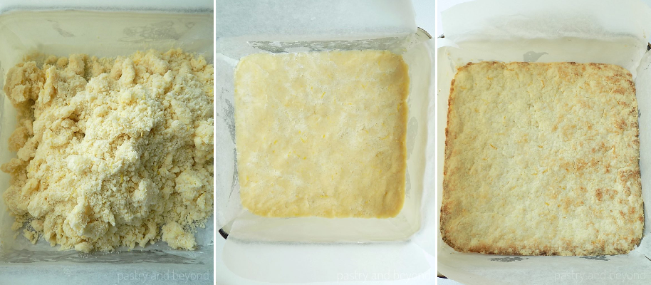 Spreading the dough into a square dish and baking.