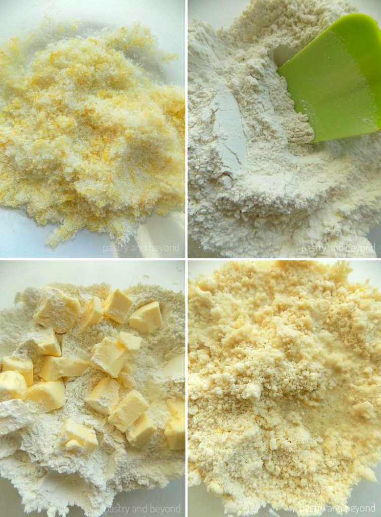 Mixing lemon and sugar, adding flour, cutting butter into flour and adding lemon juice.