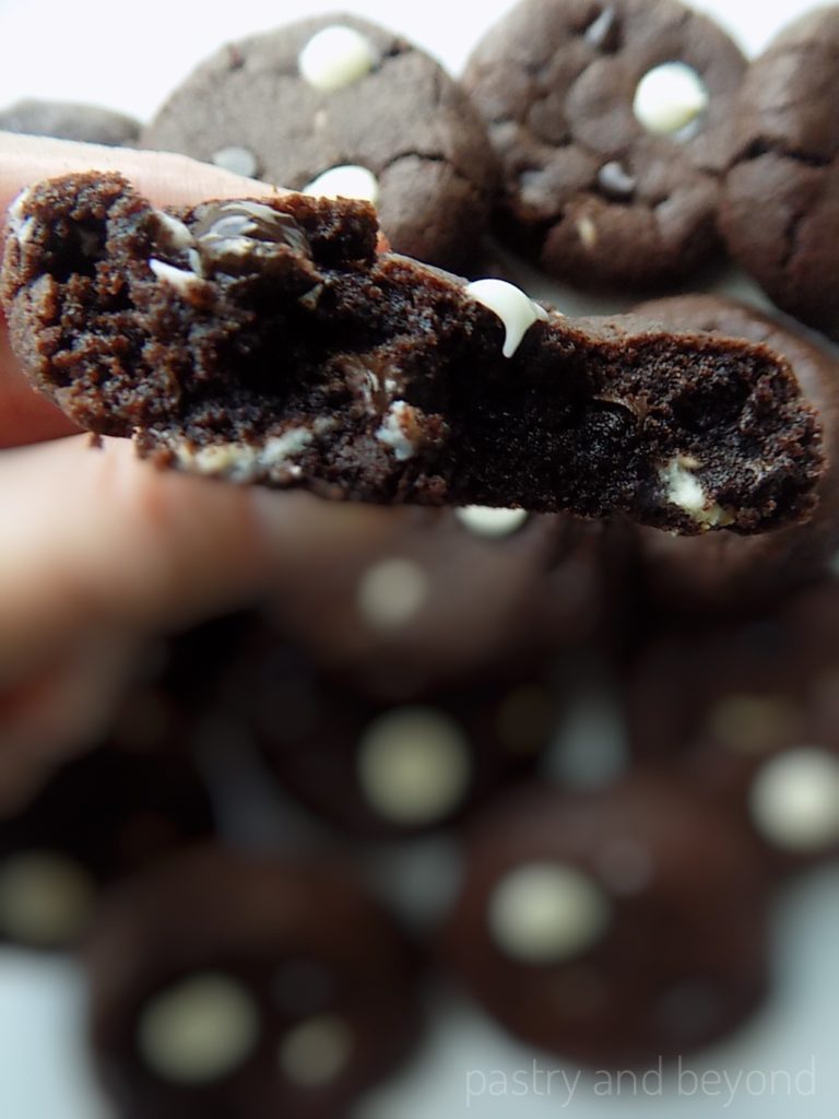 Hand holding half of a chocolate cookie.