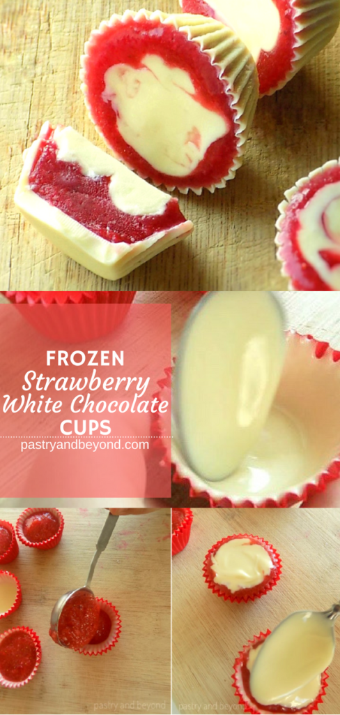 Collage for frozen strawberry white chocolate cups.