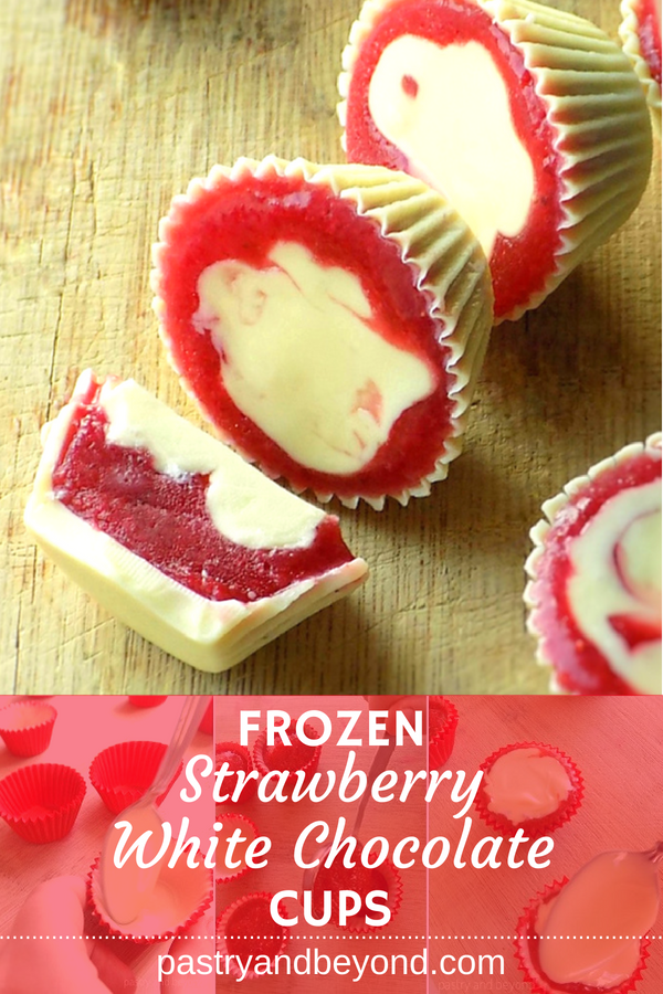 Frozen strawberry and white chocolate cups.