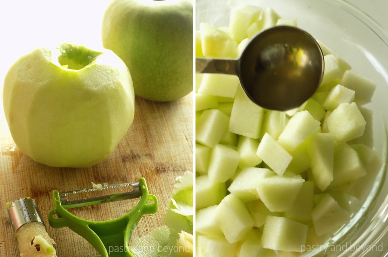 Peeled, cored and sliced apples tossed with lemon juice.