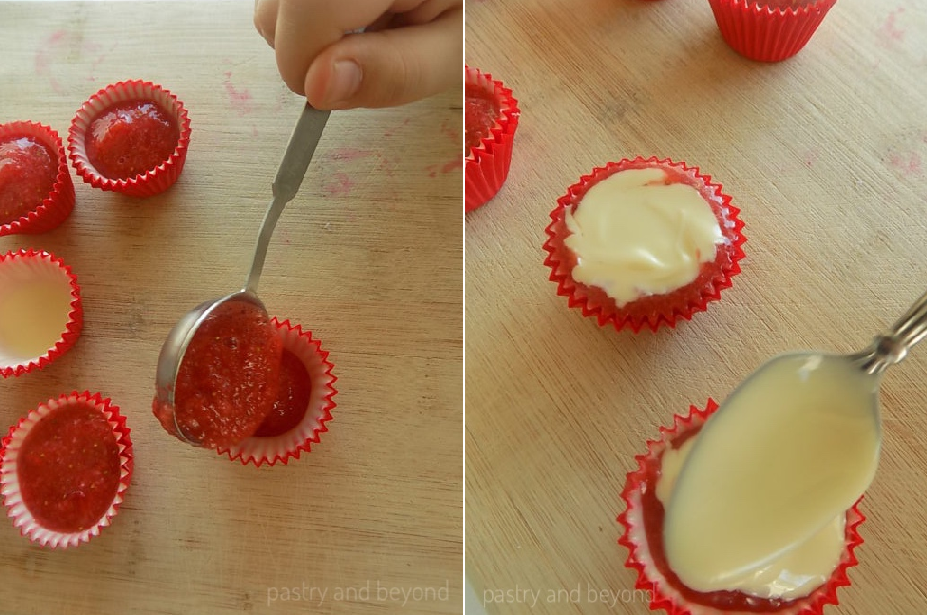 Pouring strawberry puree into cups, covering the top with melted white chocolate.