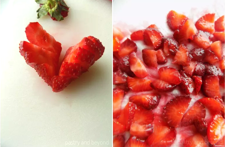 Collage of chopped strawberry and chopped strawberries on a paper towel.