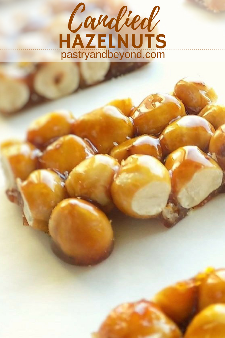 Candied hazelnuts on a white surface with text overlay.