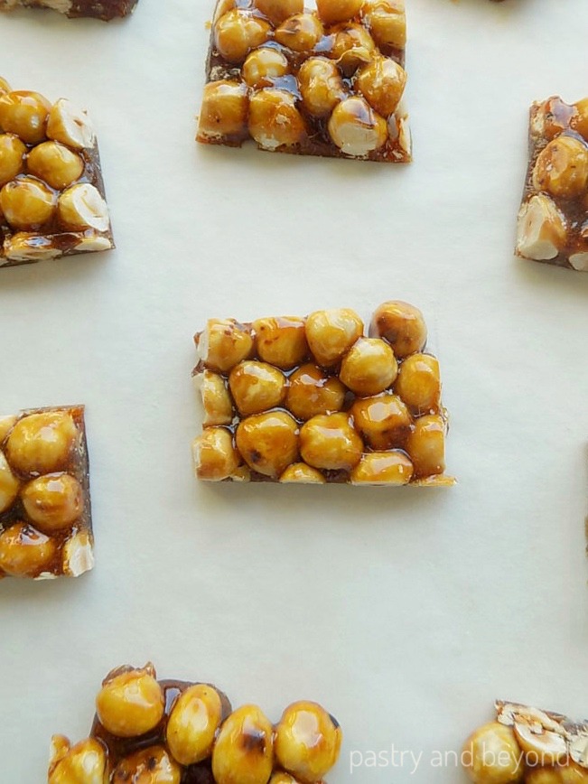 Overhead view of candied hazelnuts.