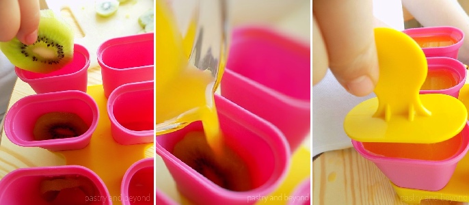 Collage of placing kiwi slices into popsicle molds, pouring orange juice and inserting the popsicle sticks.