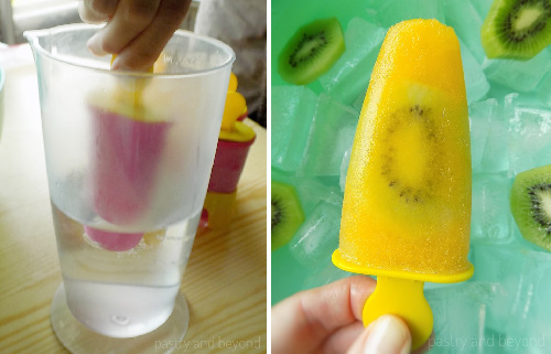 Collage of removing the popsicle by dipping the mold into warm water filled bowl.
